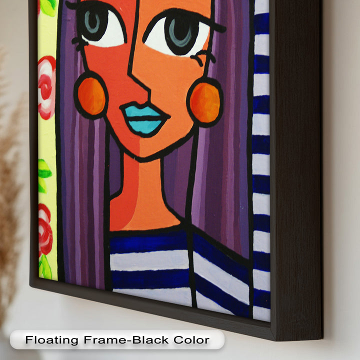 Striped Radiance – Playful Woman with Purple Hair Picasso Oil Painting