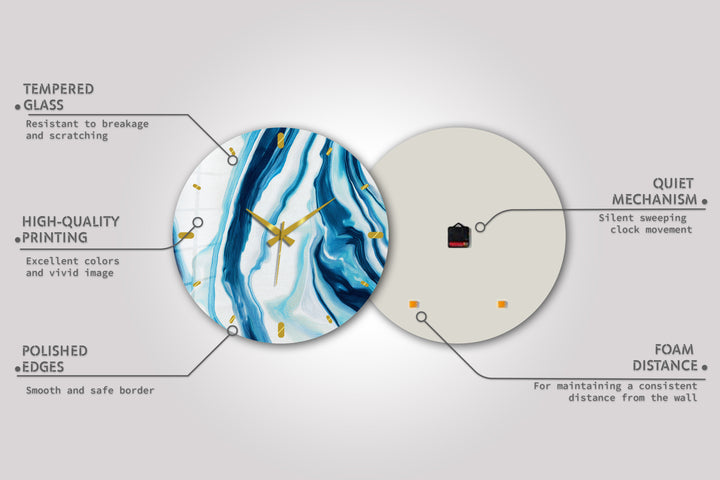 Blaue Marmorglas-Wanduhr – modernes blau-weißes Dekor