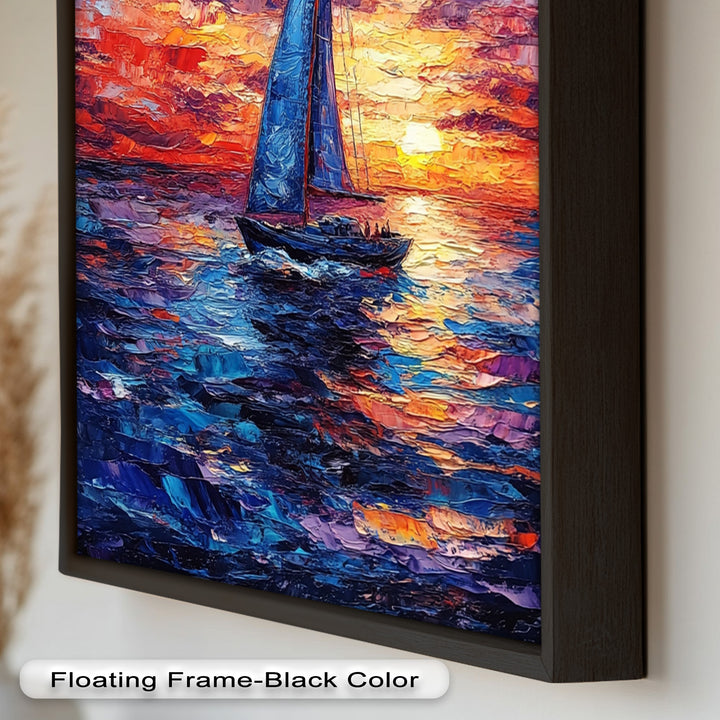 Crimson Horizon – Sunset Voyage Boat Oil Painting