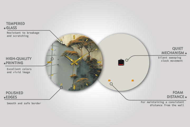 Misty Forest Glass Wall Clock – Golden Mountain Landscape