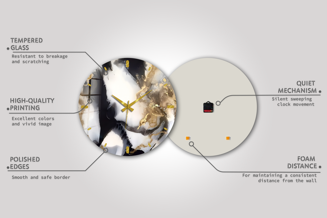 Black and Gold Marble Glass Wall Clock – Abstract Luxury Decor