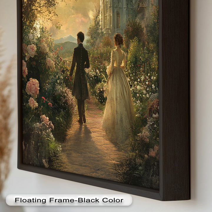 Victorian Lovers at Twilight – Romantic Garden Walk Oil Painting