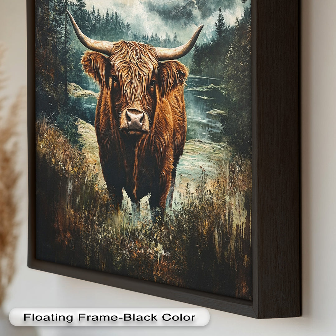 Highland Cow in Misty Pines – Wilderness Oil Painting