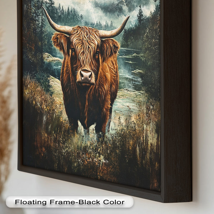 Highland Cow in Misty Pines – Wilderness Oil Painting