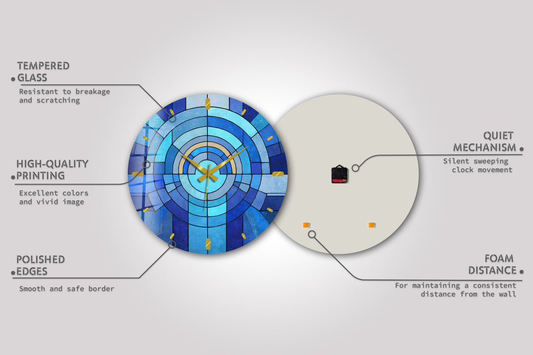 Blaue geometrische Glas-Wanduhr – Dekor im Buntglas-Stil