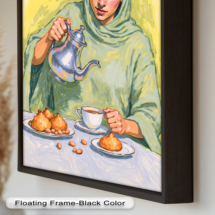 Woman Pouring Tea with Traditional Sweets - Food Painting