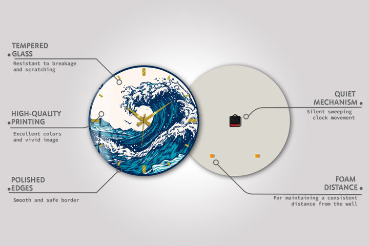 Japanese Wave Glass Wall Clock – Blue Ocean Coastal Decor