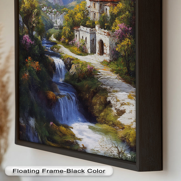 Mountain Abbey by the Falls – Serene Renaissance Oil Painting