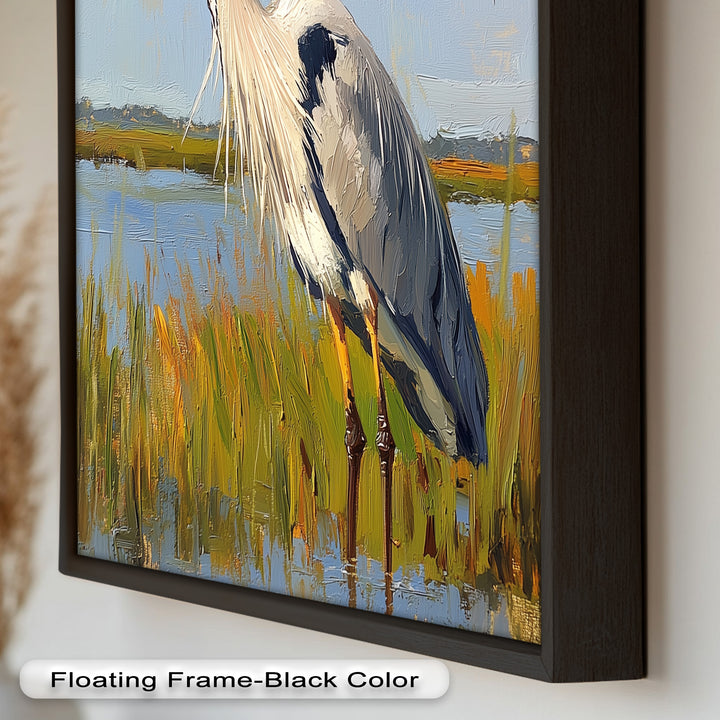 Heron in Sunlit Wetlands – Modern Oil Painting