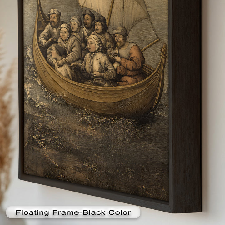 Medieval Sailors in Wooden Vessel - Historic Oil Painting