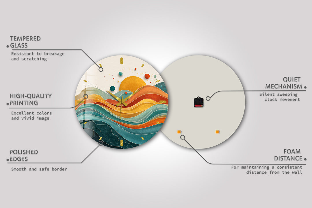 Retro Sunset Glass Wall Clock – Abstract Boho Wave Art