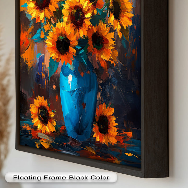 Sunlit Joy – Bold Sunflowers in Blue Vase Oil Painting