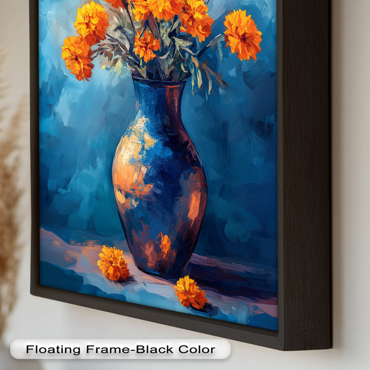 Golden Marigolds in Midnight Blue – Flower Oil Painting