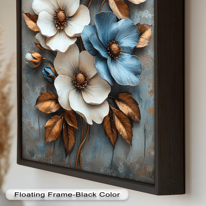 Gilded Petals – Luxuriöses Ölgemälde mit weißen und blauen Blumen