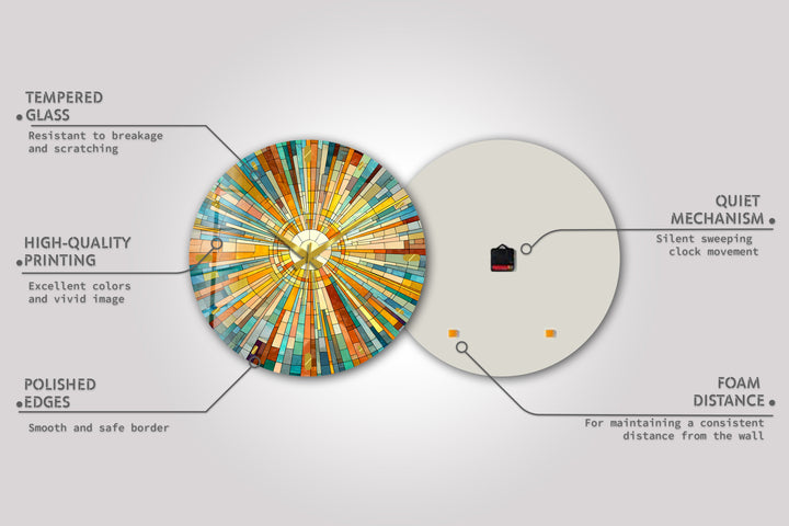 Geometrische Sunburst-Glaswanduhr – Bunte Mosaikkunst