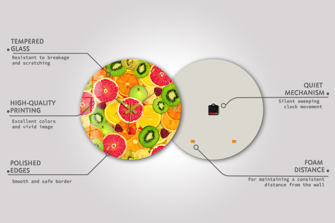 Colorful Fruit Glass Wall Clock – Citrus Kitchen Wall Decor