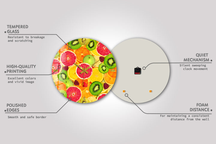 Colorful Fruit Glass Wall Clock – Citrus Kitchen Wall Decor