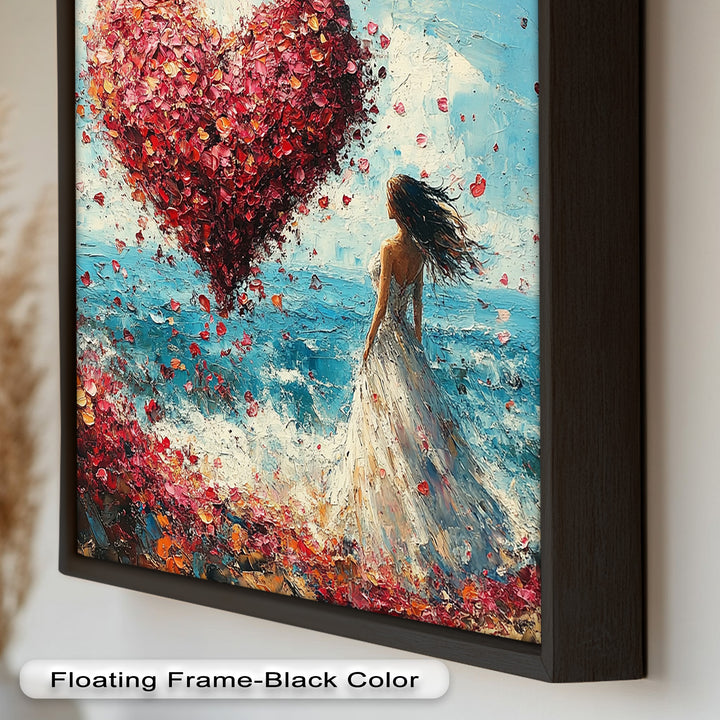 Woman with Heart-Shaped Petals Over the Sea - Love Oil Painting