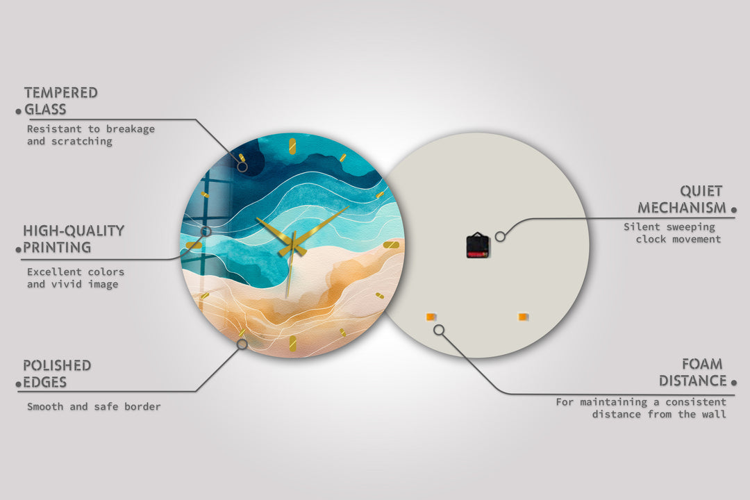 Abstract Coastal Glass Wall Clock – Blue Ocean Wave Decor