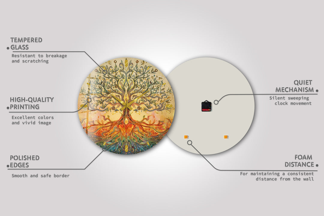 Golden Tree of Life Glass Wall Clock – Boho Botanical Decor