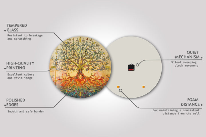 Golden Tree of Life Glass Wall Clock – Boho Botanical Decor