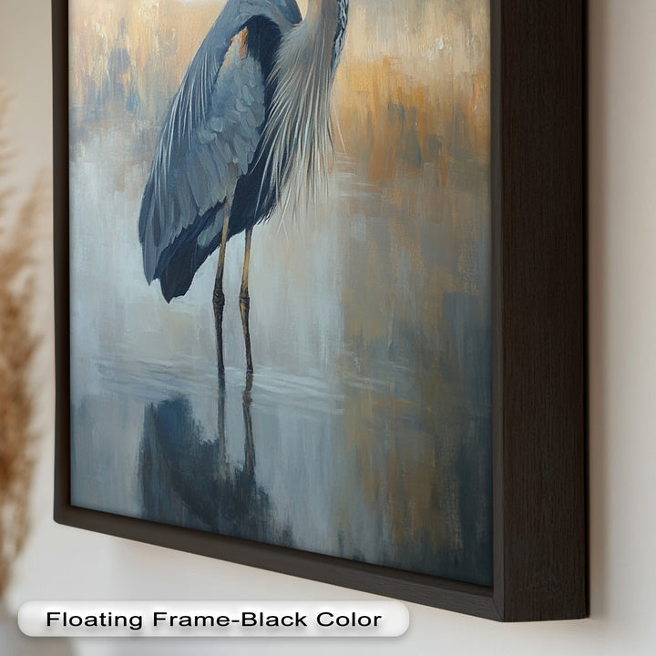 Heron in Misty Marshland - Framed Oil Painting