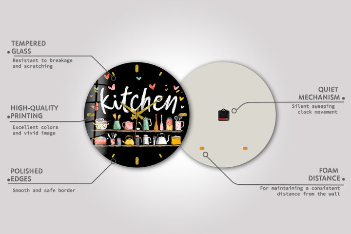 Cute Kitchen Glass Wall Clock – Colorful Cooking Utensils Decor
