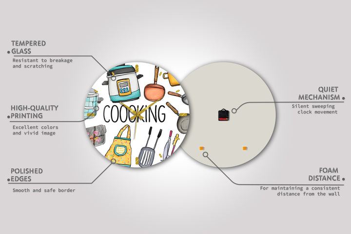 Colorful Cooking Glass Wall Clock – Kitchen Utensil Decor