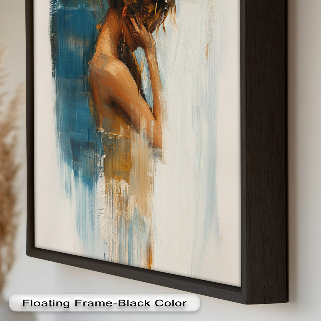Veil of Thought – Introspective Woman in Blue and Gold Abstract Oil Painting