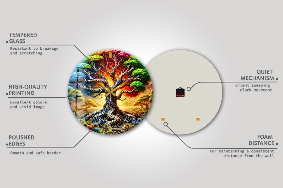 Colorful Tree of Life Glass Wall Clock – Fantasy Nature Decor