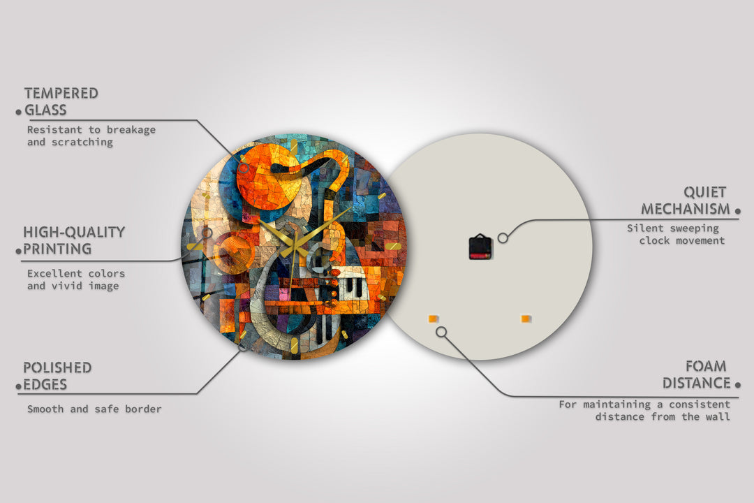 Music Glass Wall Clock – Treble Clef and Piano Mosaic Decor