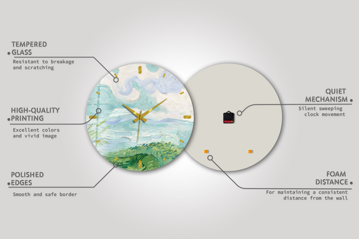 Pastellfarbene Küstenwanduhr aus Glas – abstrakte Meereslandschaftskunst