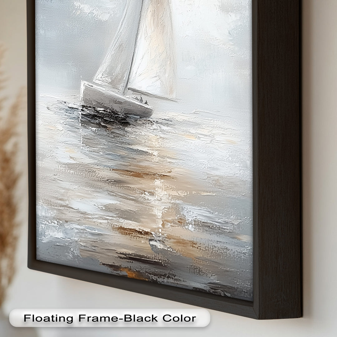 Sailing Through the Mist – White Boat Oil Painting