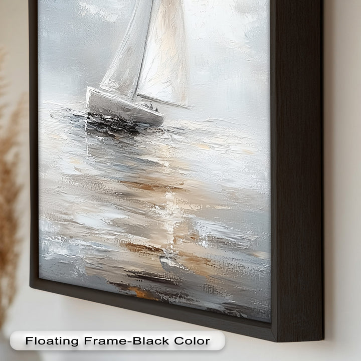 Sailing Through the Mist – White Boat Oil Painting