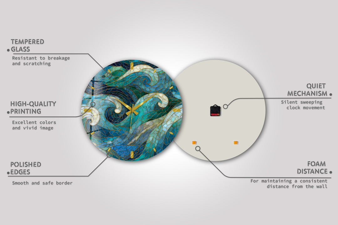 Blue Wave Glass Wall Clock – Abstract Stained Glass Style