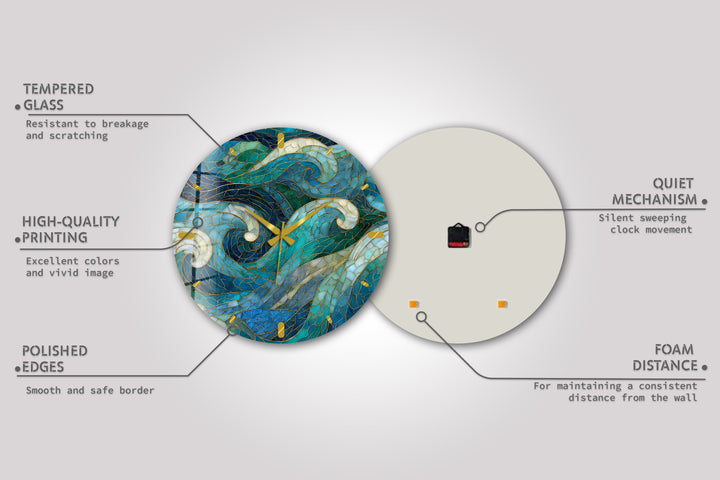 Blue Wave Glass Wall Clock – Abstract Stained Glass Style