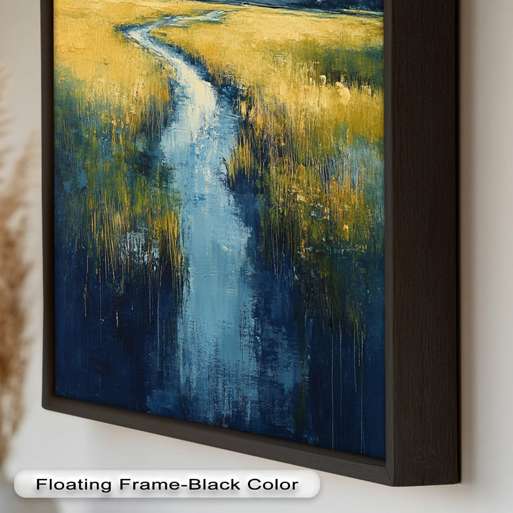 Golden Fields and Blue Stream – Contemporary Landscape Oil Painting