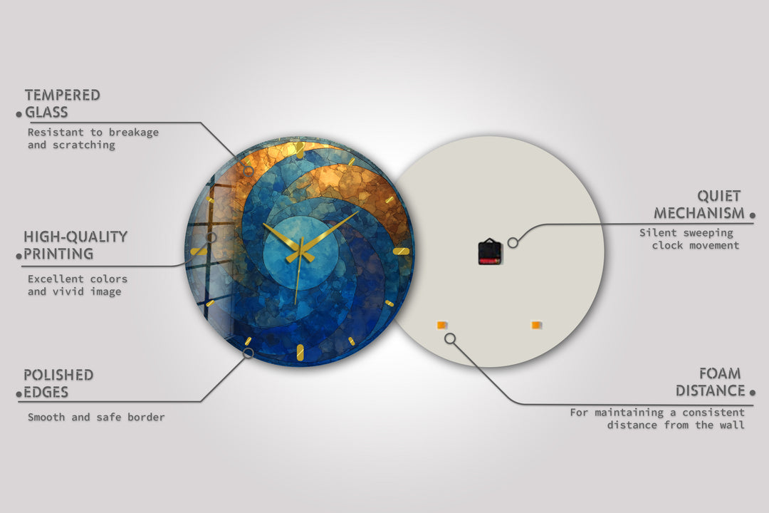 Blaue und goldene Glaswanduhr – abstraktes Kreisdekor