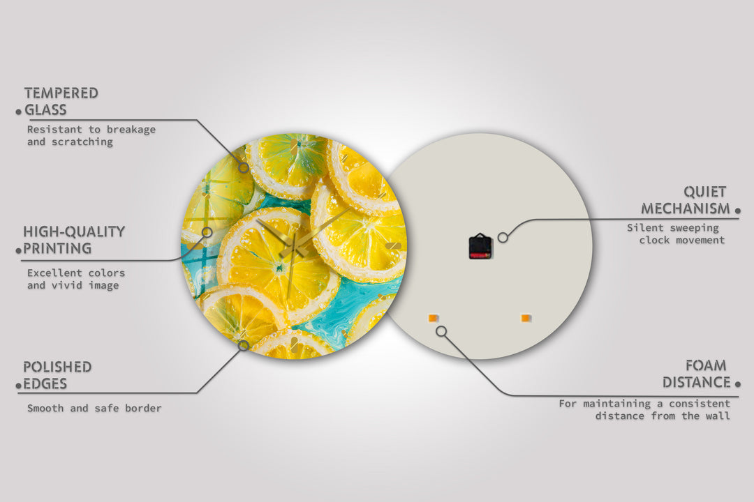Yellow Lemon Glass Wall Clock – Bright Citrus Kitchen Decor