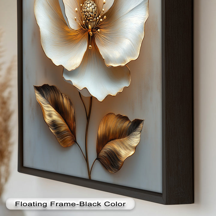 Golden Glow Bloom – White and Gold Flower Oil Painting