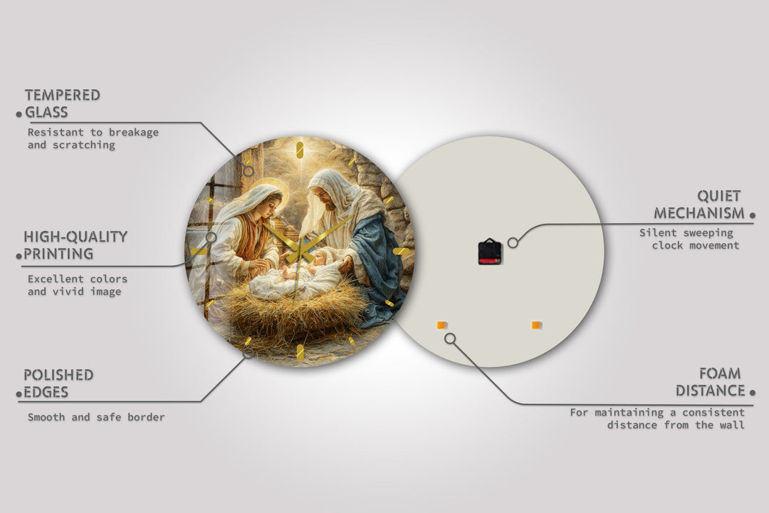 Nativity Scene Glass Wall Clock – Holy Family Christmas Decor