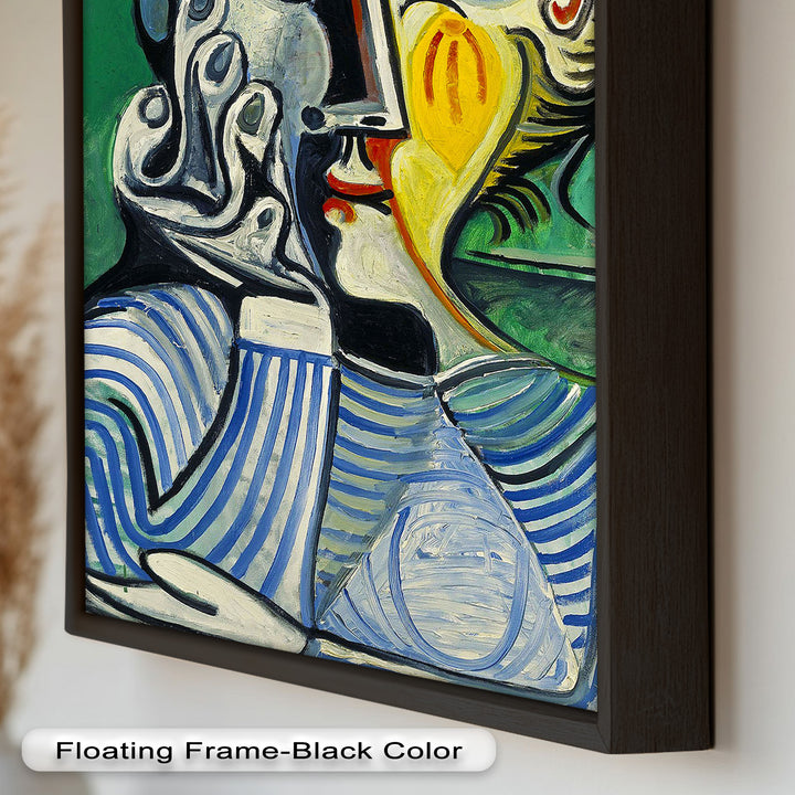 Nachdenklicher Blick – Gestreifte Frau mit Sonnenhut Picasso Ölgemälde