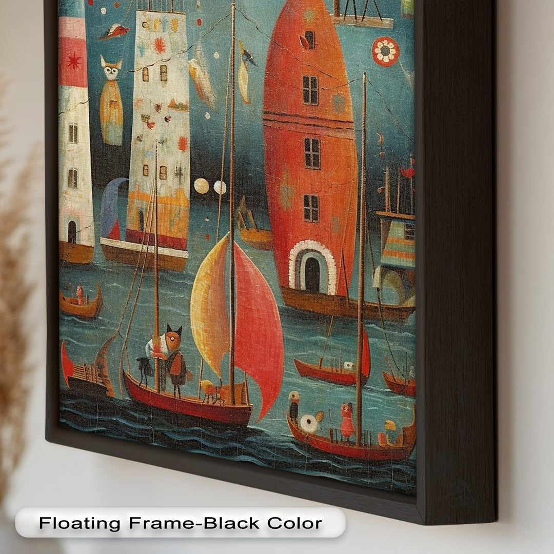 Moonlit Harbor Parade – Surreal Cat and Owl Fantasy Oil Painting