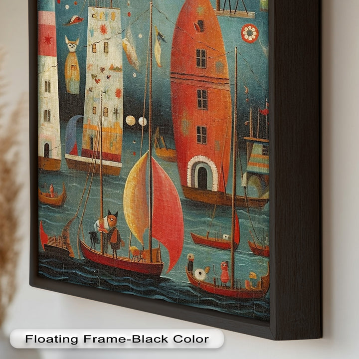 Moonlit Harbor Parade – Surreal Cat and Owl Fantasy Oil Painting