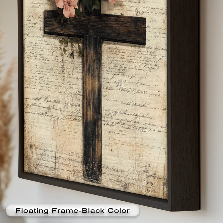 Holzkreuz mit rosa Blüten - Christliches Ölgemälde