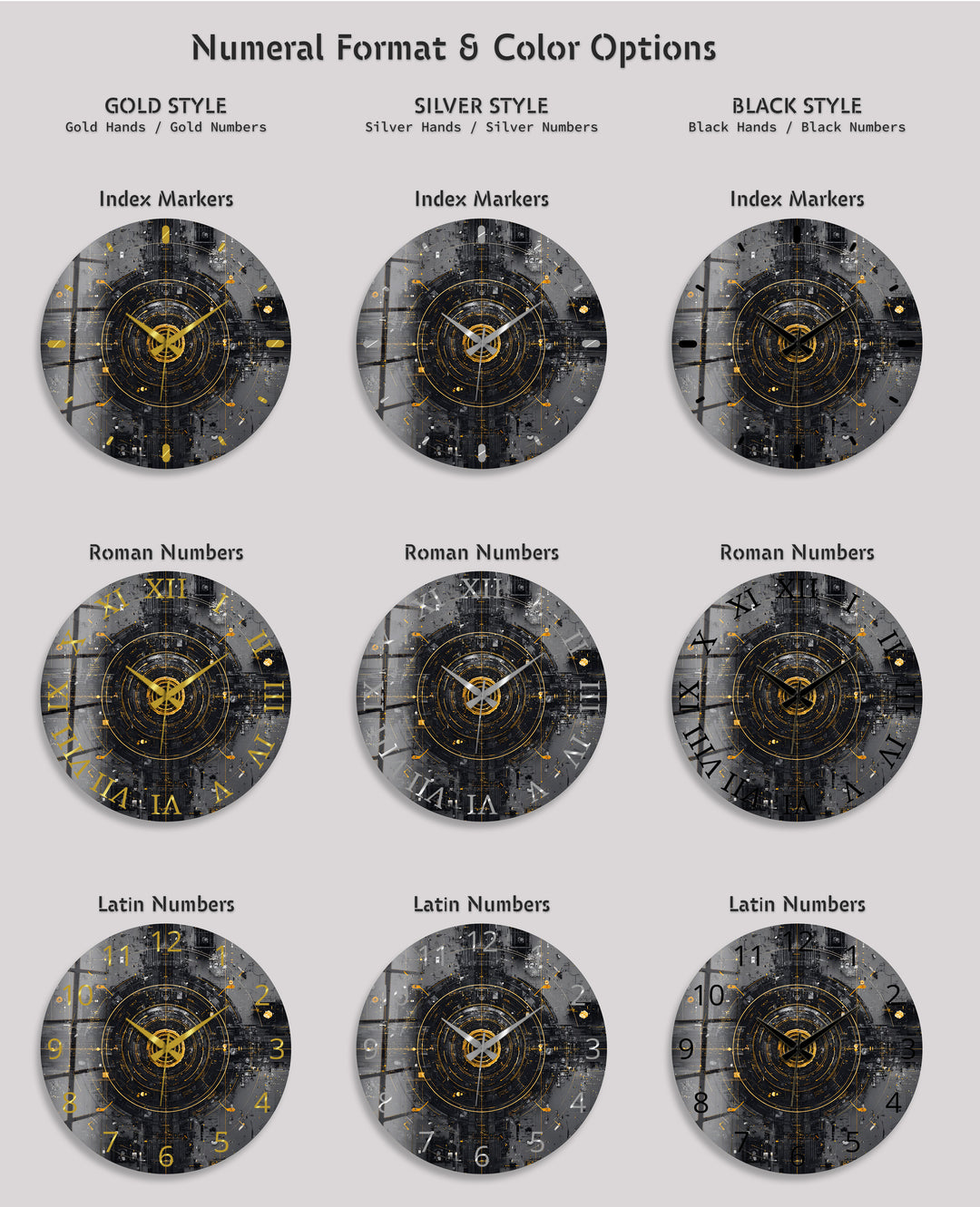 Industrial Abstract Glass Wall Clock – Black and Gold Tech Art