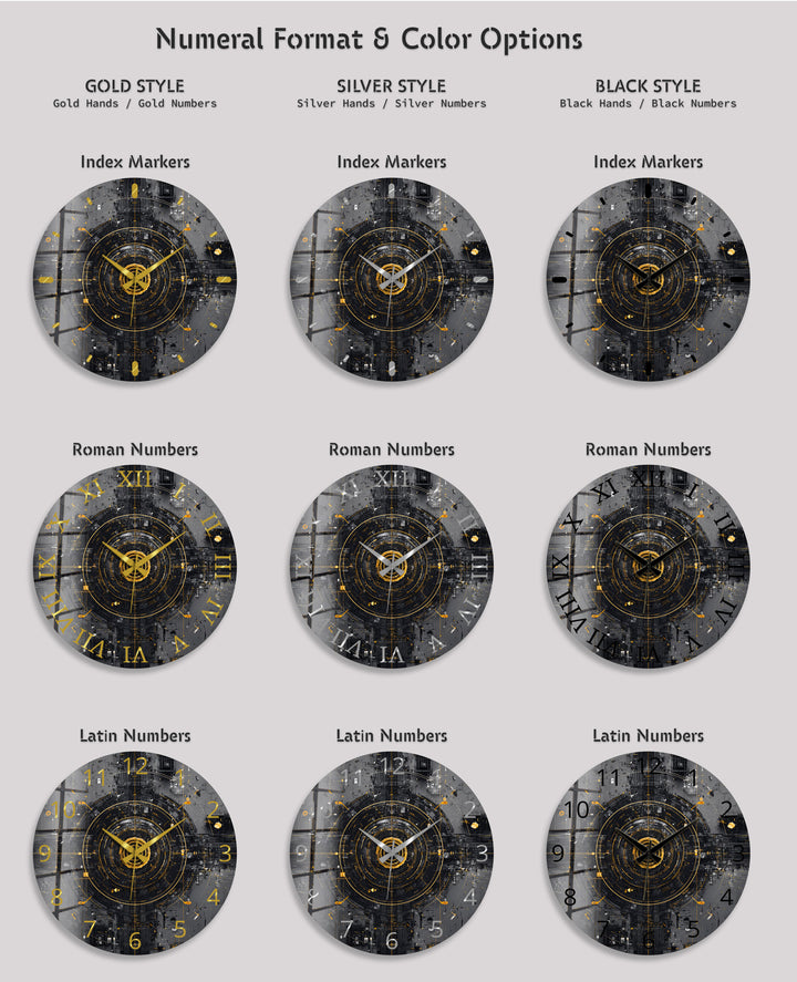 Industrial Abstract Glass Wall Clock – Black and Gold Tech Art