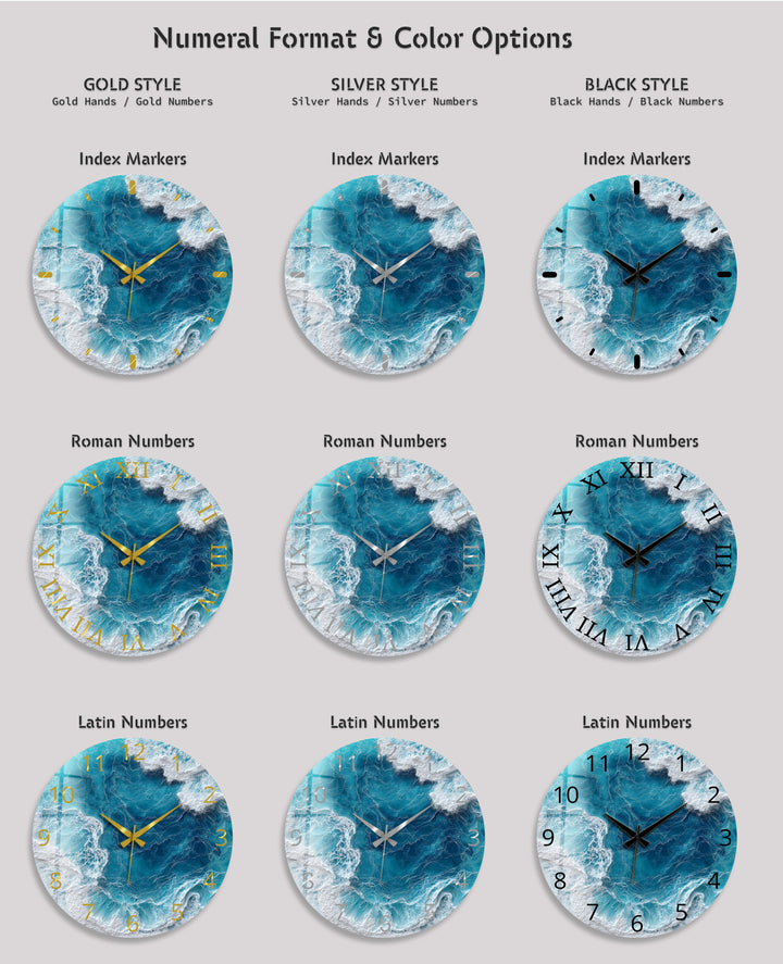 Ocean Waves Glass Wall Clock – Blue Coastal Beach House Decor