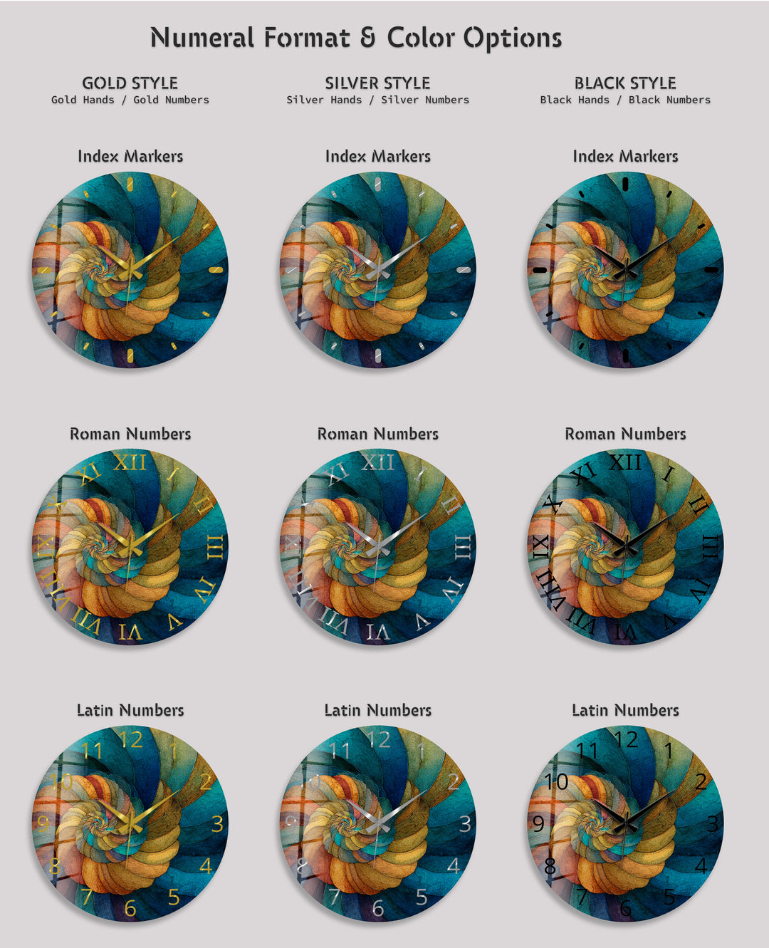 Abstract Spiral Glass Wall Clock – Teal and Gold Swirl Art