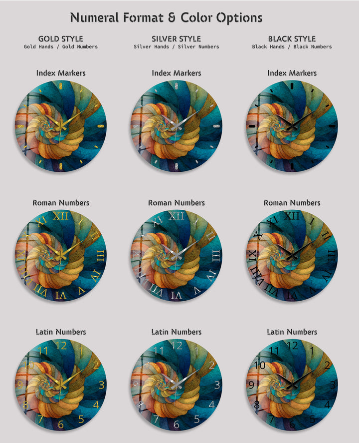 Abstract Spiral Glass Wall Clock – Teal and Gold Swirl Art